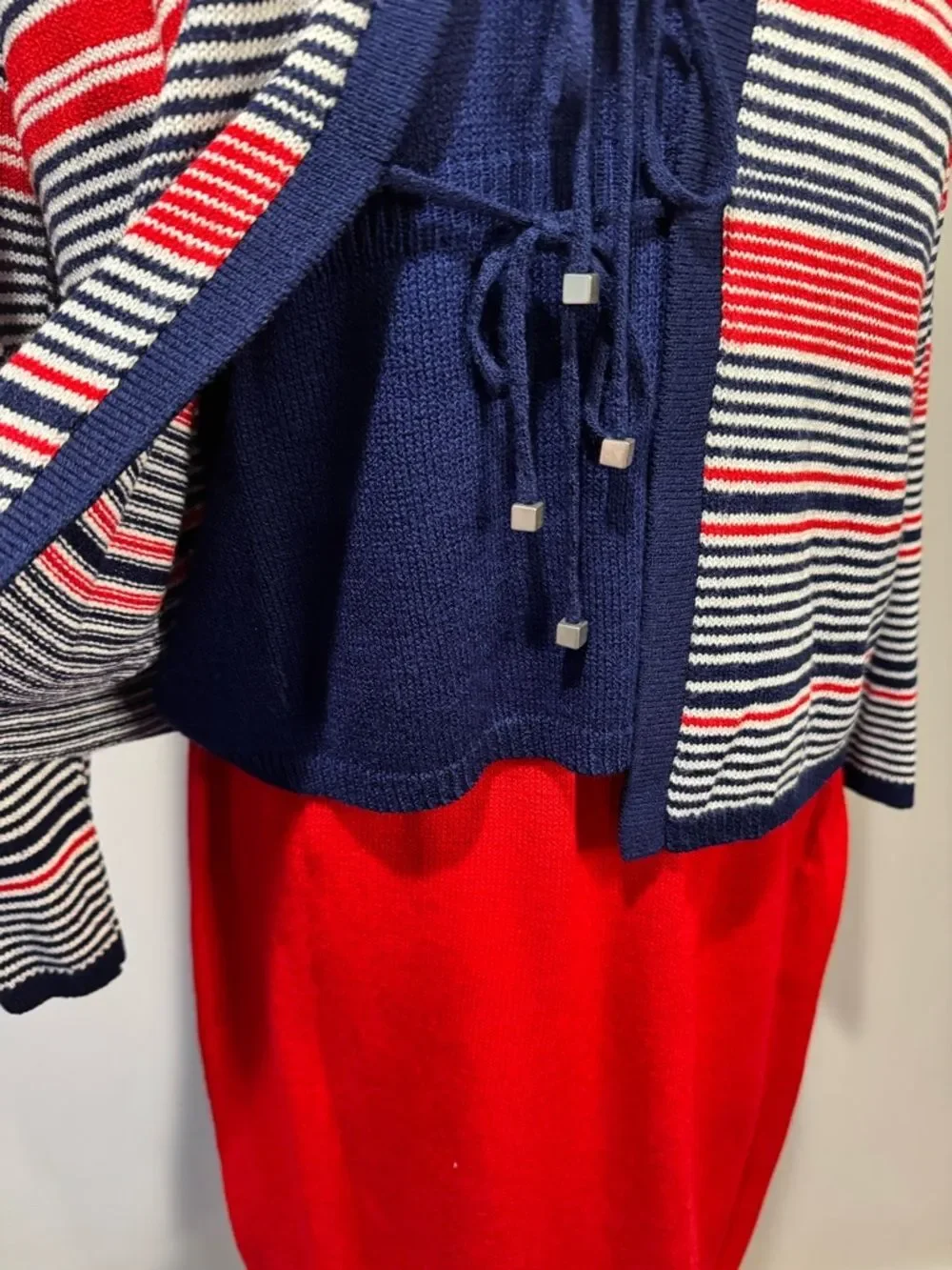 San Remo Vintage Knit Skirt Set Red Navy Striped Cardigan & Shell Petite S/M